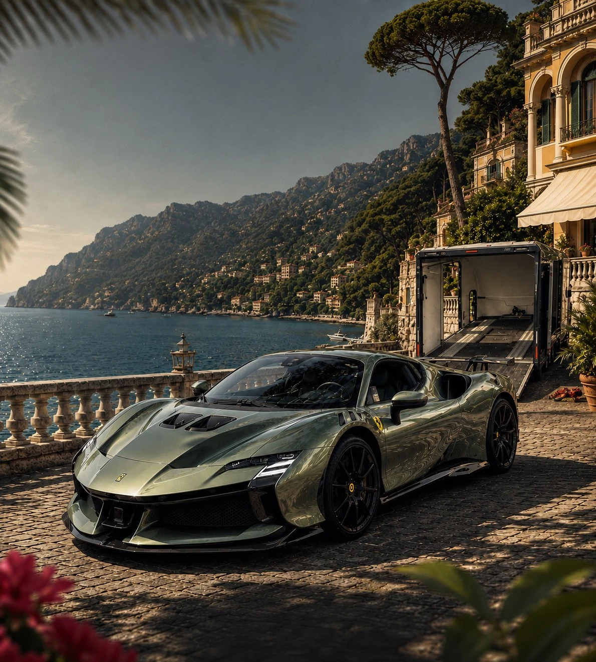Ferrari SF90 vor mediterraner Küstenvilla am geschlossenen Royal Legacy Fahrzeugtransporter