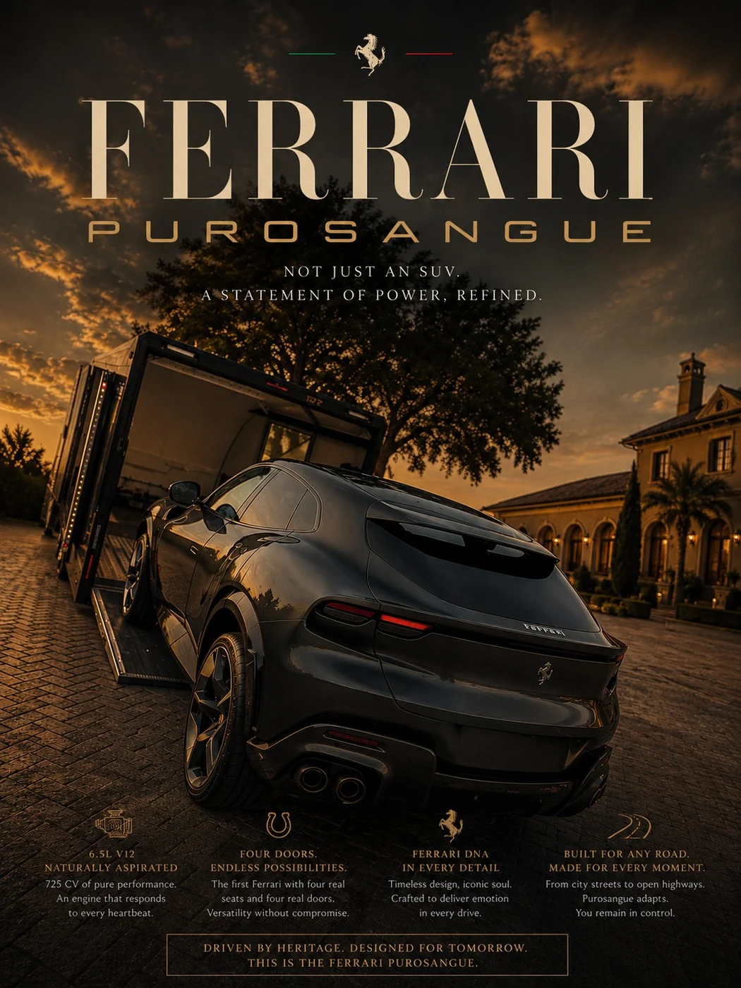 Ferrari Purosangue — geschlossener Royal Legacy Fahrzeugtransport